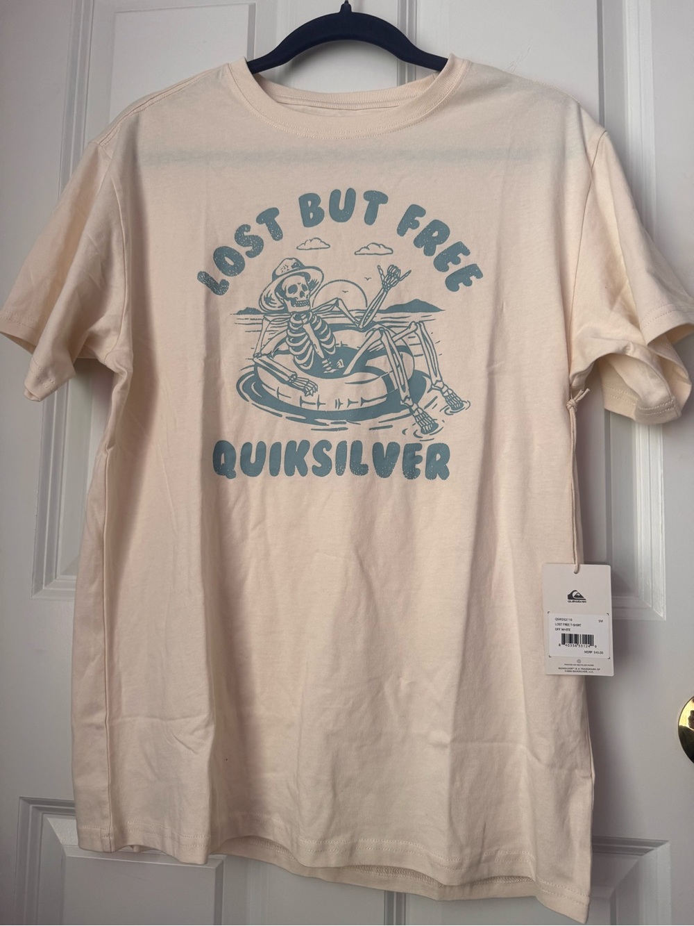 Quiksilver Off-White Graphic T-Shirt with Teal Accent “Lost But Free”